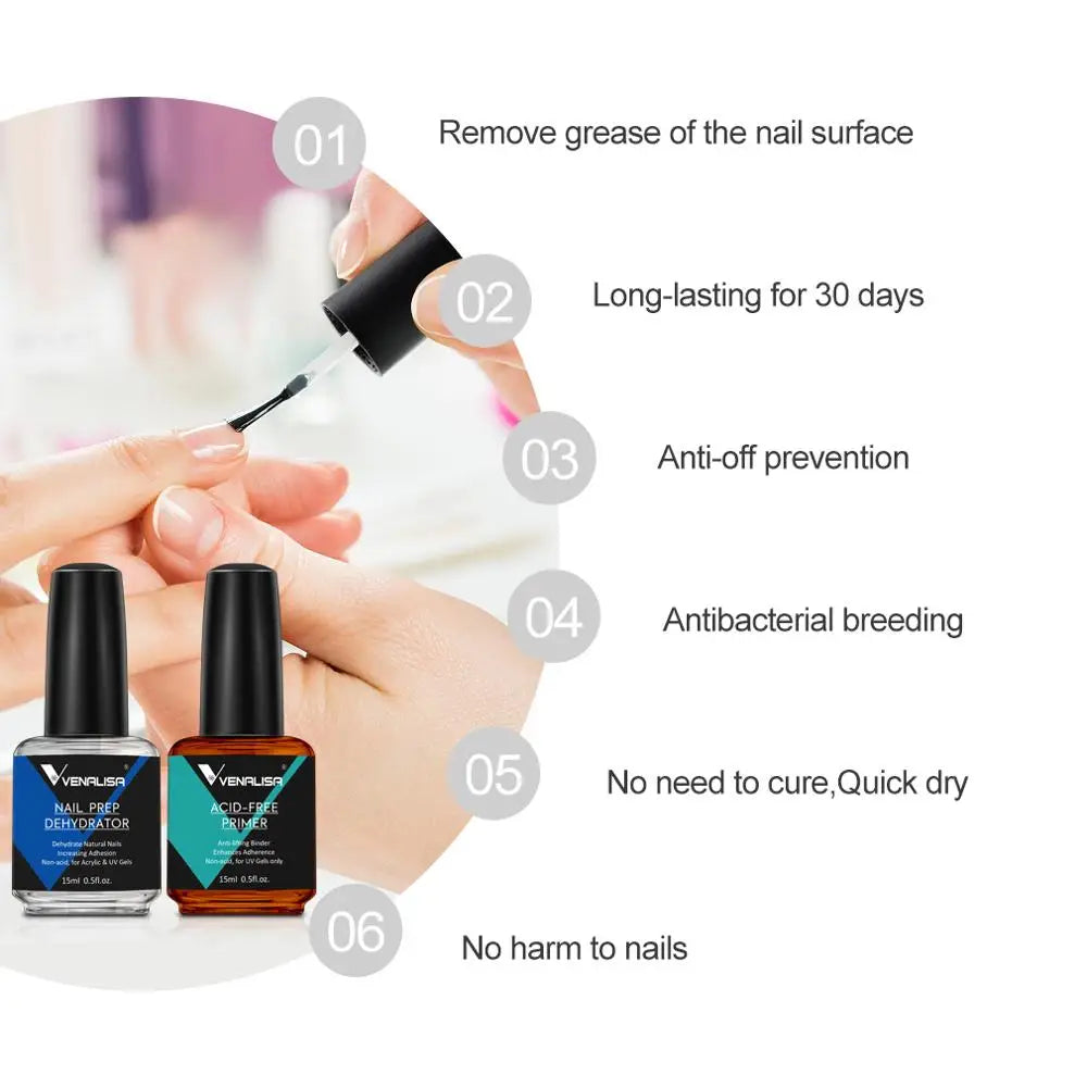 VENALISA Bonder Nail Prep Dehydrator and ACID-FREE Primer Acrylic UV Gel Base Coat Primer Air Dry Nail Art Primer  2 PCS/Set