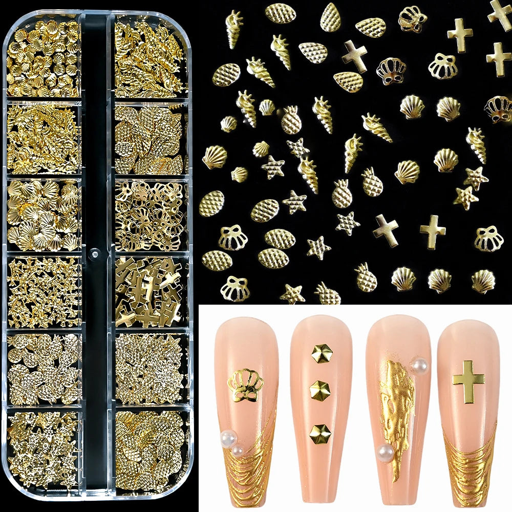 12Grid/box Gold Silver Half Round Caviar Bead Nail Charms 1/2/3/5mm Flatback Round Steel Nail Bead Micro Ball Manicure Bead