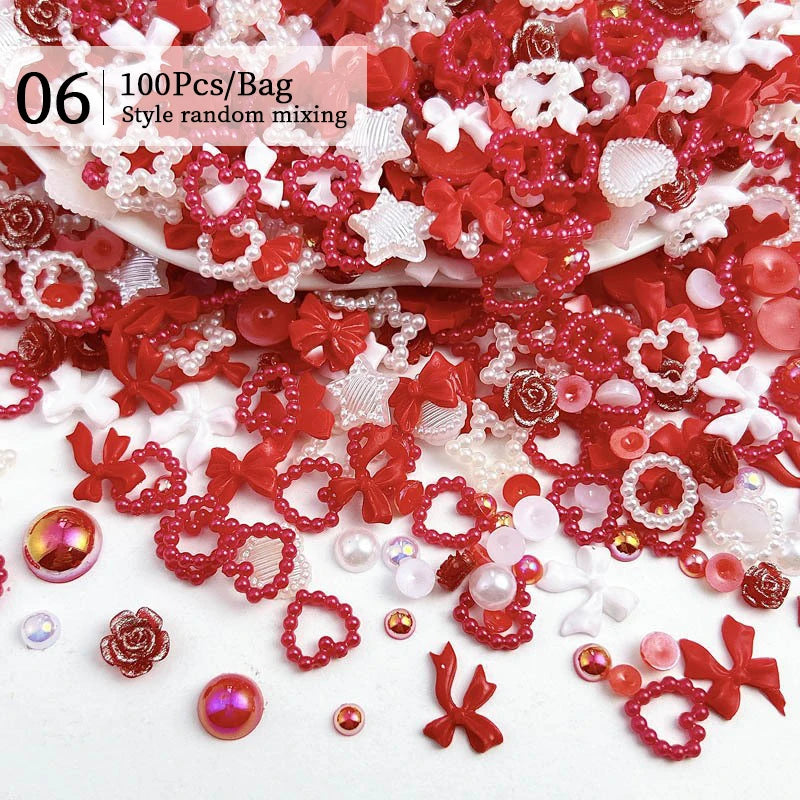 1Bag Mix Colorful Jelly Clear Ribbon Bowknot Nail Charms Heart Pearls Flower Flat-back Gems Parts Nail Art Manicure Decorations