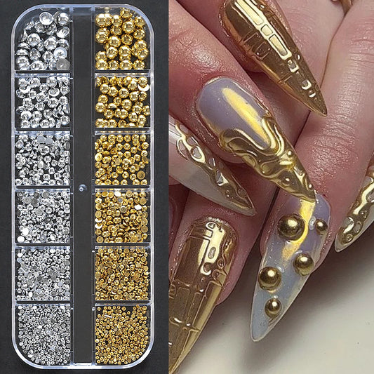 12Grid/box Gold Silver Half Round Caviar Bead Nail Charms 1/2/3/5mm Flatback Round Steel Nail Bead Micro Ball Manicure Bead