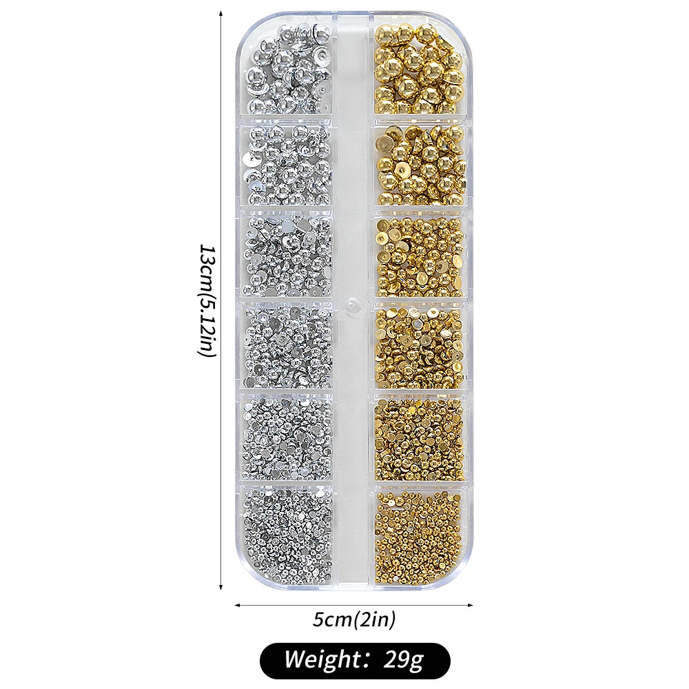 12Grid/box Gold Silver Half Round Caviar Bead Nail Charms 1/2/3/5mm Flatback Round Steel Nail Bead Micro Ball Manicure Bead