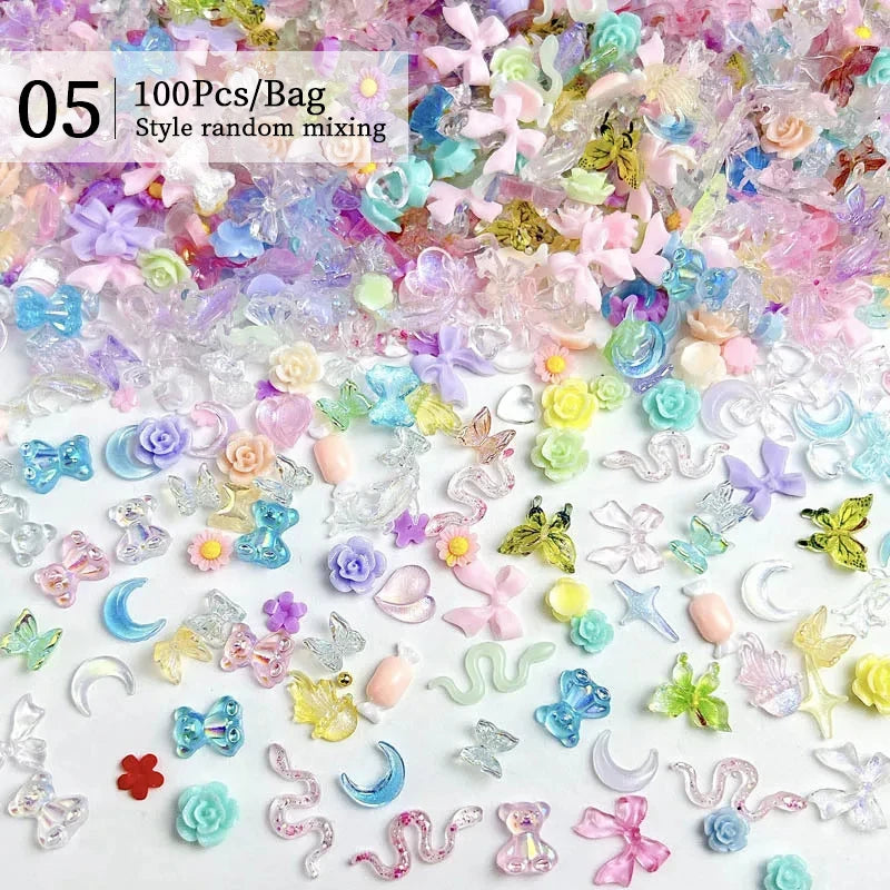 1Bag Mix Colorful Jelly Clear Ribbon Bowknot Nail Charms Heart Pearls Flower Flat-back Gems Parts Nail Art Manicure Decorations