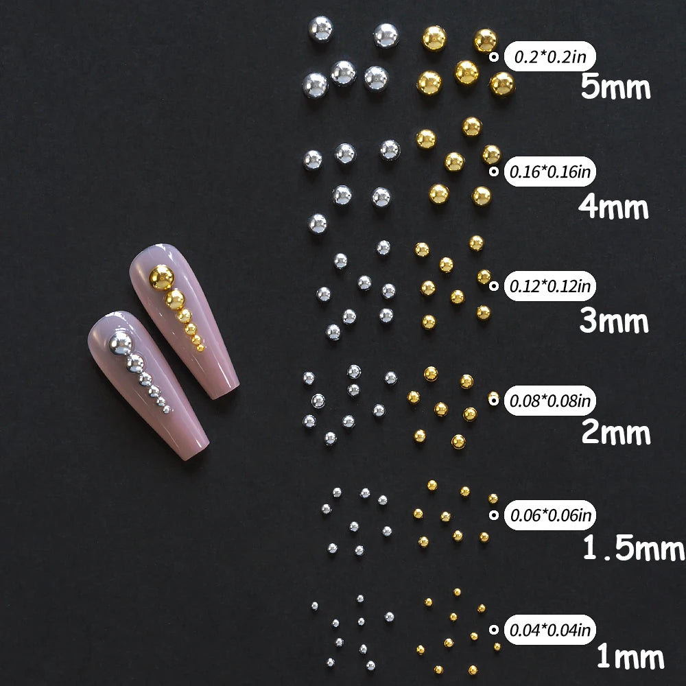 12Grid/box Gold Silver Half Round Caviar Bead Nail Charms 1/2/3/5mm Flatback Round Steel Nail Bead Micro Ball Manicure Bead