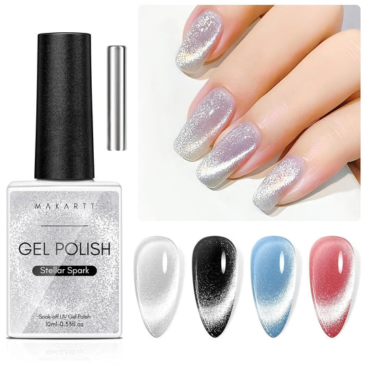 Makartt Cat Eye Gel Nail Polish, Glitter Holographic Nail Polish with Magnet, 10ml Reflective Translucent UV Gel for Nail Art