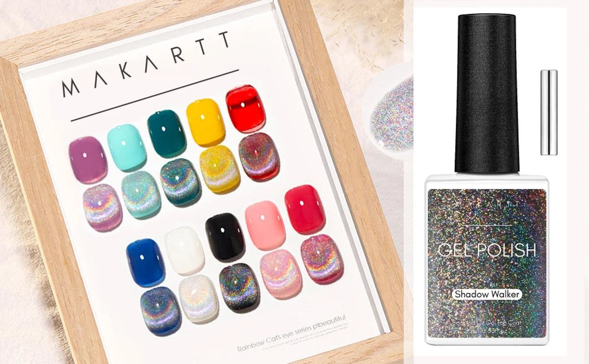 Makartt Cat Eye Gel Nail Polish, Glitter Holographic Nail Polish with Magnet, 10ml Reflective Translucent UV Gel for Nail Art