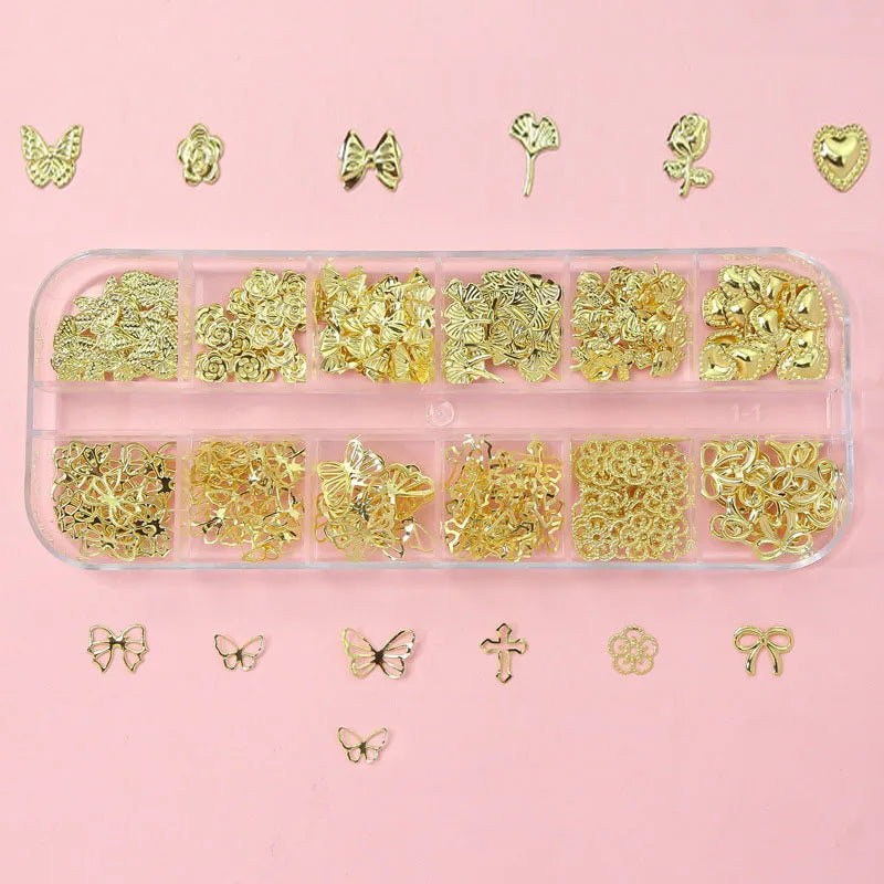 12Grid/box Gold Silver Half Round Caviar Bead Nail Charms 1/2/3/5mm Flatback Round Steel Nail Bead Micro Ball Manicure Bead